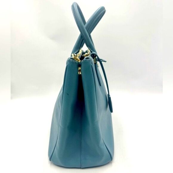 Auth Prada Double Zip Light Blue Saffiano Leather Lux Galleria Tote Bag Preloved - Picture 3 of 16